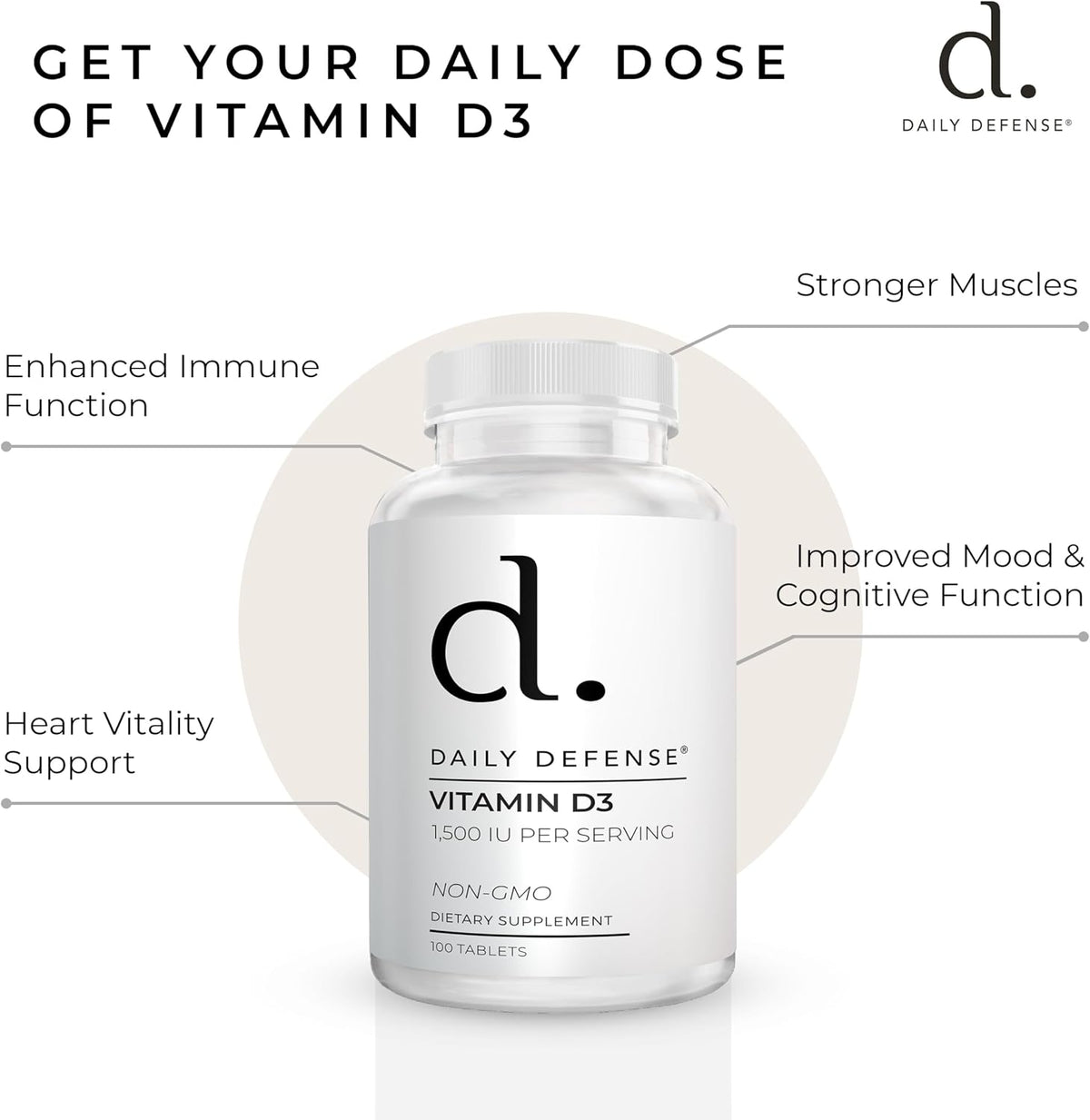 Daily Defence Vitamin D3 1500 IU - Immune and Heart Health Support Tablets (100 Count) - görsel 5
