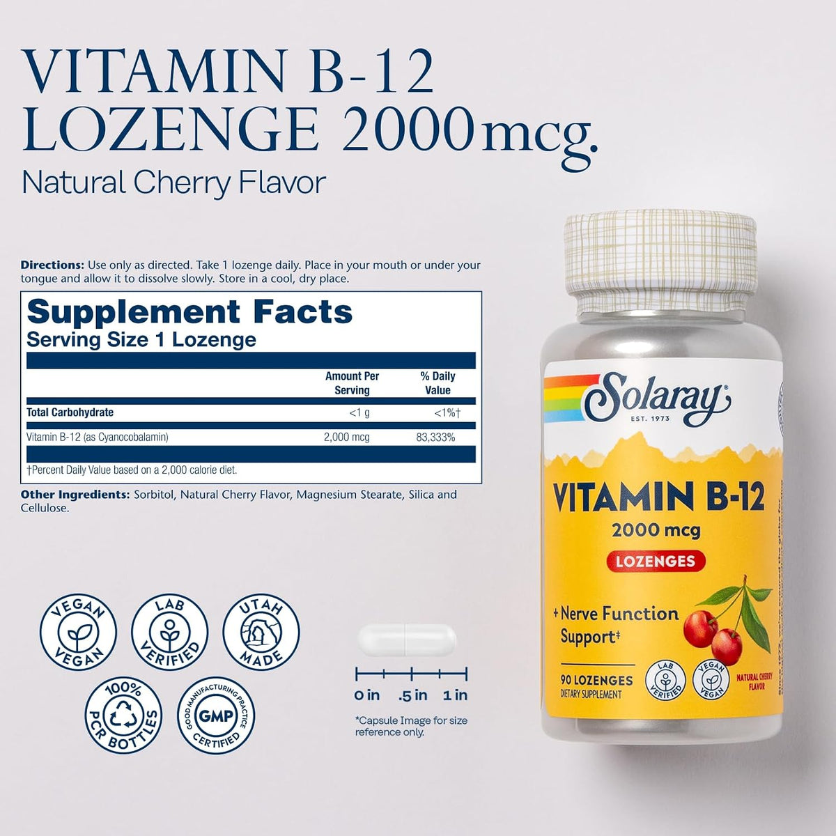SOLARAY Vitamin B12 2000 mcg Lozenges - Vegan, No Sugar, Natural Cherry Flavour - görsel 2