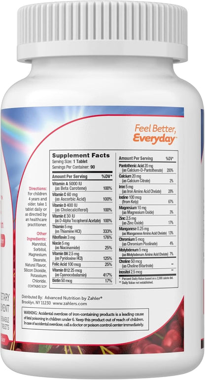 Zahler Junior Multi - Children's Complete Multivitamin - 23 Vitamins and Minerals - Kosher, Non-GMO, Gluten-Free - Cherry Flavour, 90 Chewable Tablets