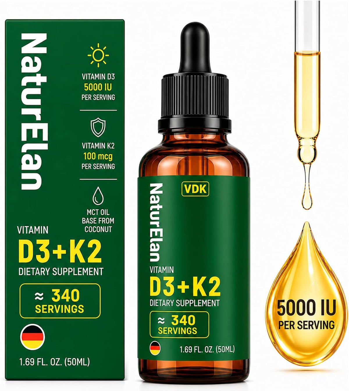 NaturElan Vitamin D3 5000 IU & K2 Drops with MCT Oil - 5000 IU Vitamin D3 + 100 mcg K2 (MK-7), 50 ml, Supports Bone, Immune, Heart & Teeth Health, Third-Party Tested, Vegan, Non-GMO, Gluten-free - görsel 1