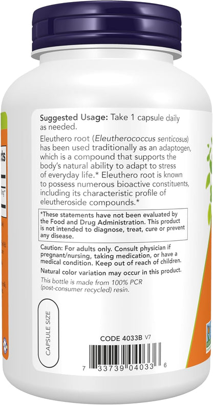 NOW Supplements, Eleuthero (Eleutherococcus senticosus) 500 mg, Adaptogenic Herb, 250 Vegetable Capsules