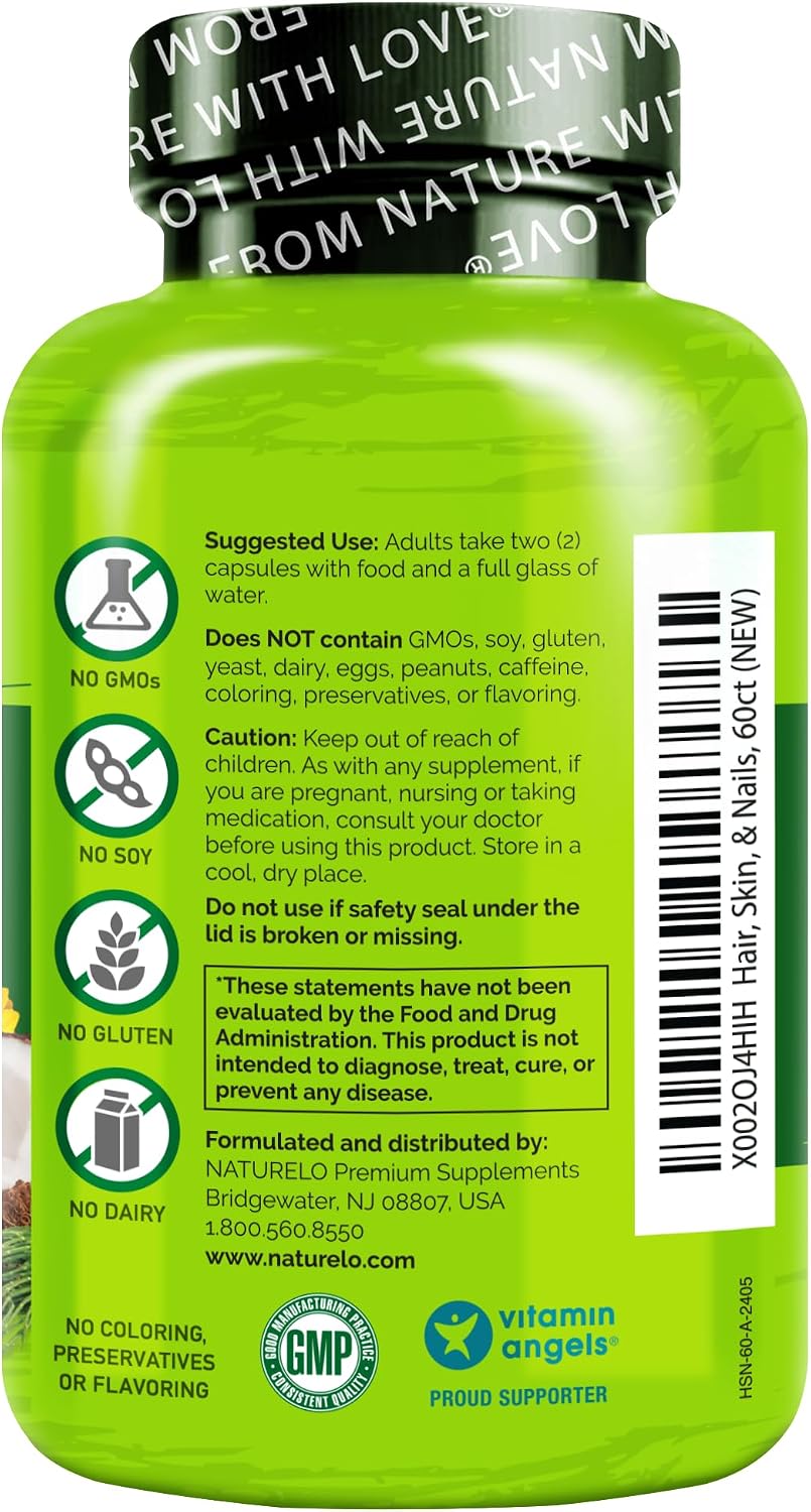 NATURELO Hair, Skin and Nails Vitamins - 5000 mcg Biotin, Collagen, Natural Vitamin E - 60 Capsules - görsel 6