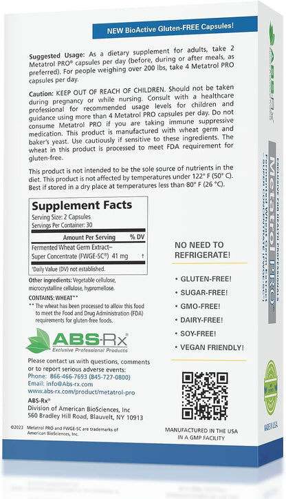 American BioSciences Metatrol PRO, Fermented Wheat Germ Extract – Gluten-free Immune Support – 60 Vegetarian Capsules, 41 mg