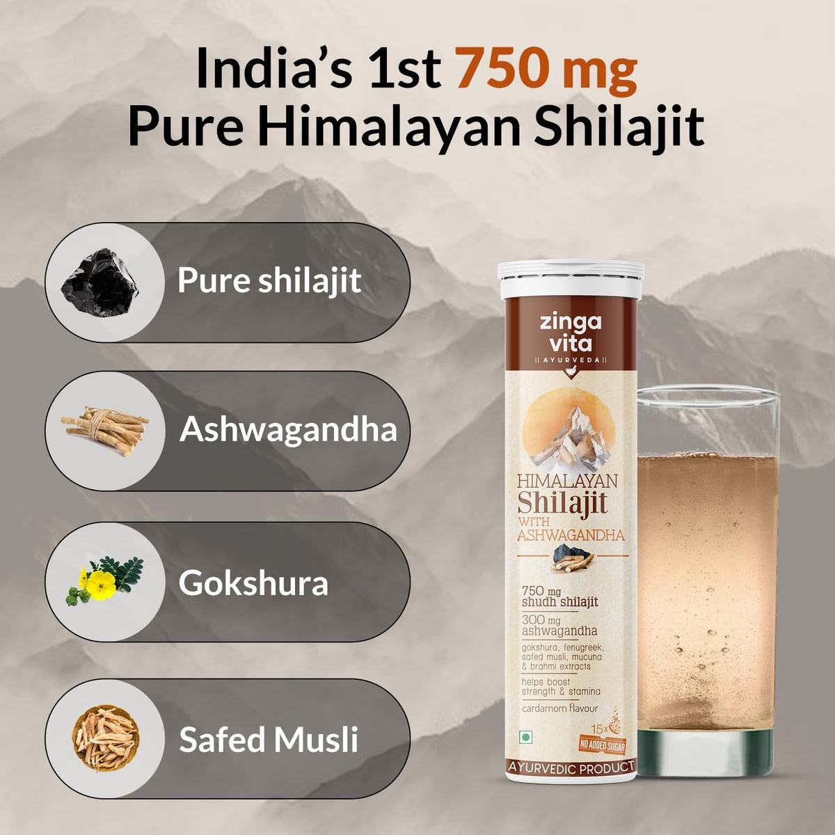 Zingavita Ayurveda Himalayan Shilajit (750mg) Effervescent with Ashwagandha, Gokshuru, Fenugreek, Brahmi & Safed Musli – Traditional Ayurvedic Support for Vitality & Recovery, Cardamom Flavour, Vegetarian – Pack of 2 - görsel 2