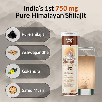 Zingavita Ayurveda Himalayan Shilajit (750mg) Effervescent with Ashwagandha, Gokshuru, Fenugreek, Brahmi & Safed Musli – Traditional Ayurvedic Support for Vitality & Recovery, Cardamom Flavour, Vegetarian – Pack of 2