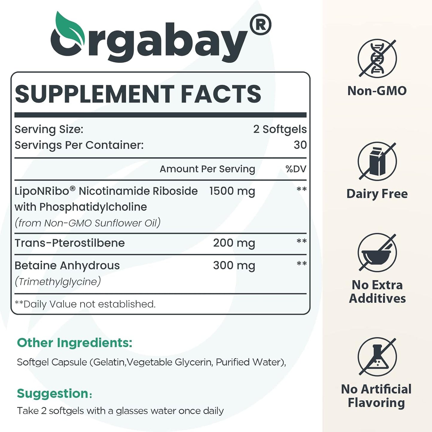 Orgabay Liposomal Nicotinamide Riboside 2000 mg with TMG and Pterostilbene, Boosting NAD+, Support Healthy Ageing, 120 Count - görsel 2