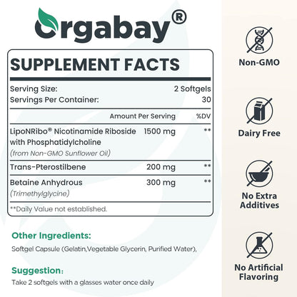 Orgabay Liposomal Nicotinamide Riboside 2000 mg with TMG and Pterostilbene, Boosting NAD+, Support Healthy Ageing, 120 Count