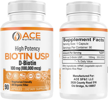 Ace Nutrition High Potency Biotin 100,000 mcg – D-Biotin USP, Vegetarian Capsules for Hair, Skin and Myelin Health – 90 Count