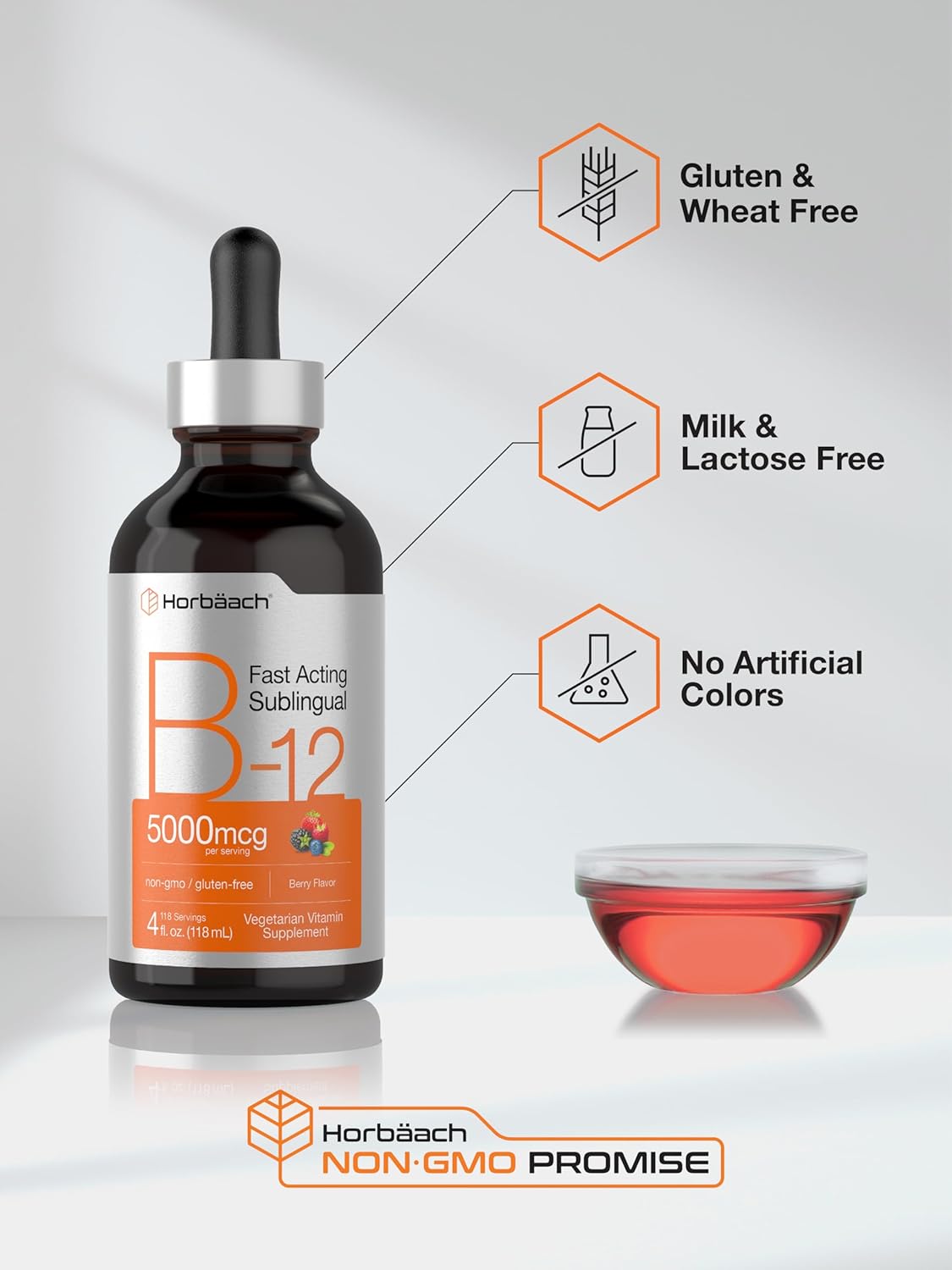 Horbaach B12 5000 mcg Sublingual Liquid Drops - Methylcobalamin & Cyanocobalamin, Berry Flavour, 118ml - görsel 5