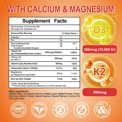 Vitamin D3 + K2 Gummies (MK7 200mcg) – 1000 IU Vegan Vitamin D Supplement for Bone, Heart & Immune Health – 60 Gummies, Orange Flavour