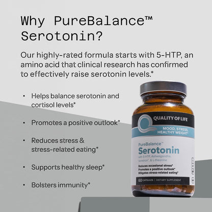 Quality of Life Pure Balance Serotonin Premium - Mood Support Food Supplement with 5-HTP, Venetron, Sensoril, Vitamin D3 & L-Theanine - 60 Capsules