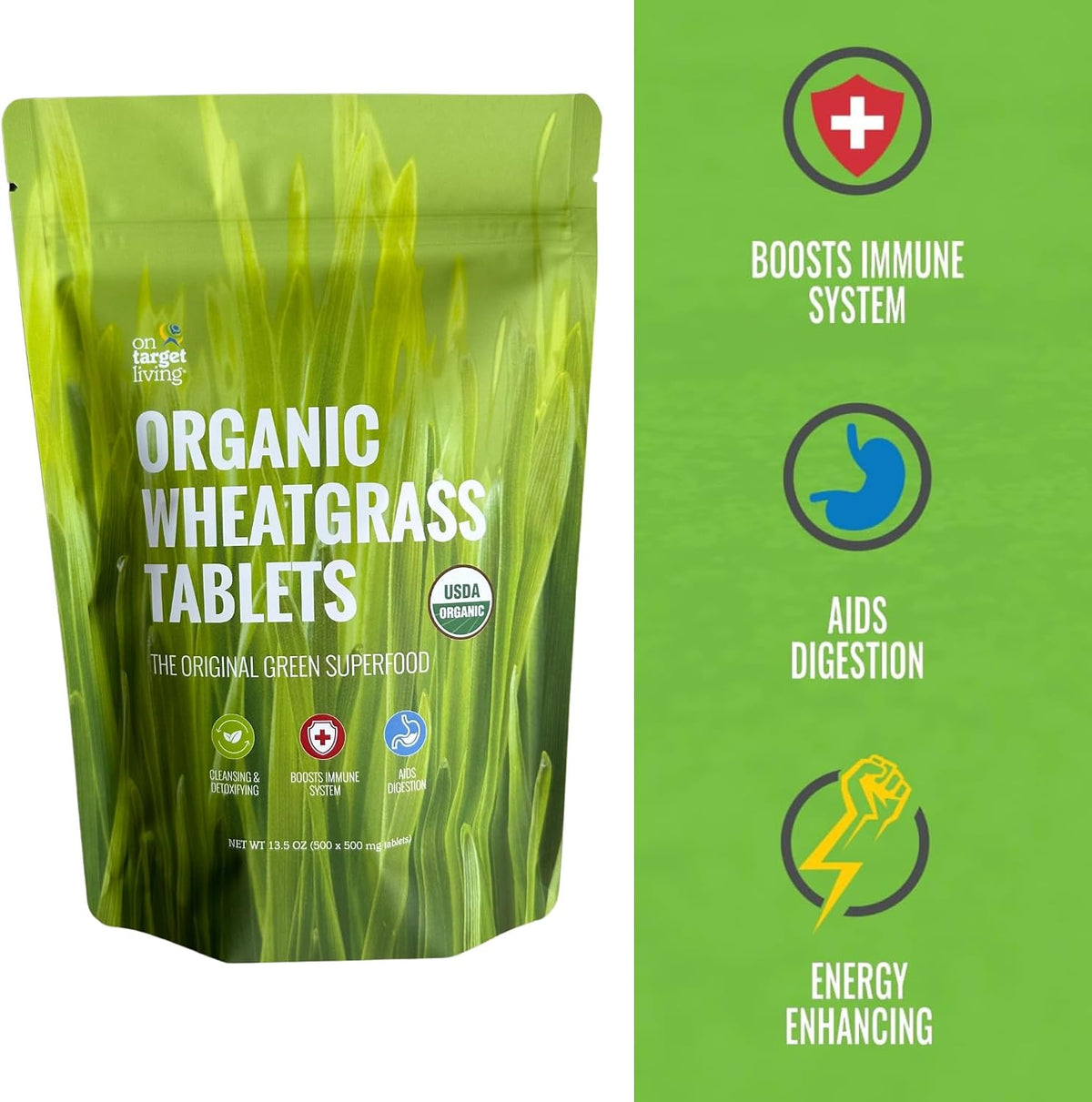 On Target Living Wheatgrass Tablets - Certified Organic, 500 Tablets - görsel 2