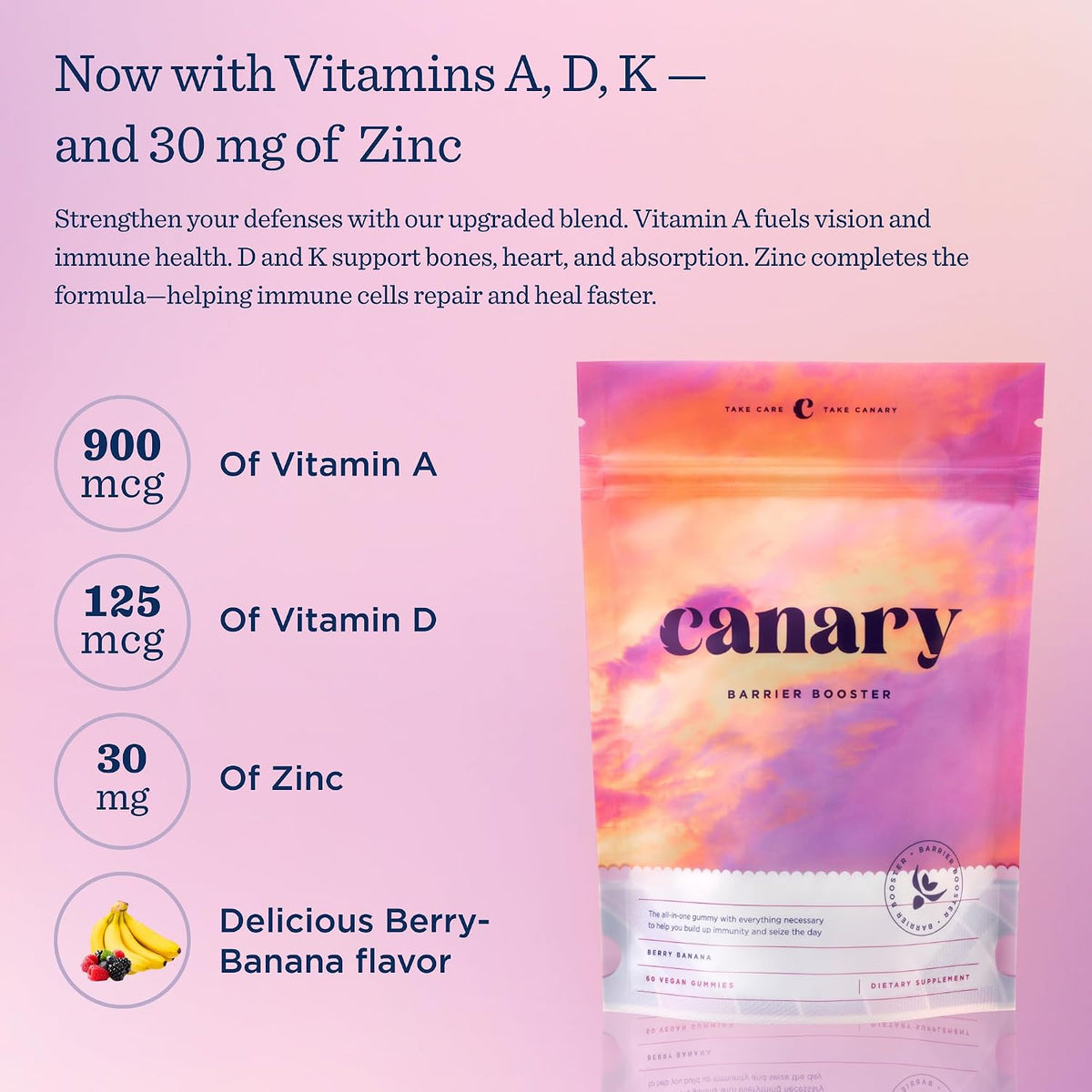 Canary Barrier Booster Vitamin A, D, and K and Zinc Immune Support Gummies - Vegan Berry Banana, 60 Gummies - görsel 2