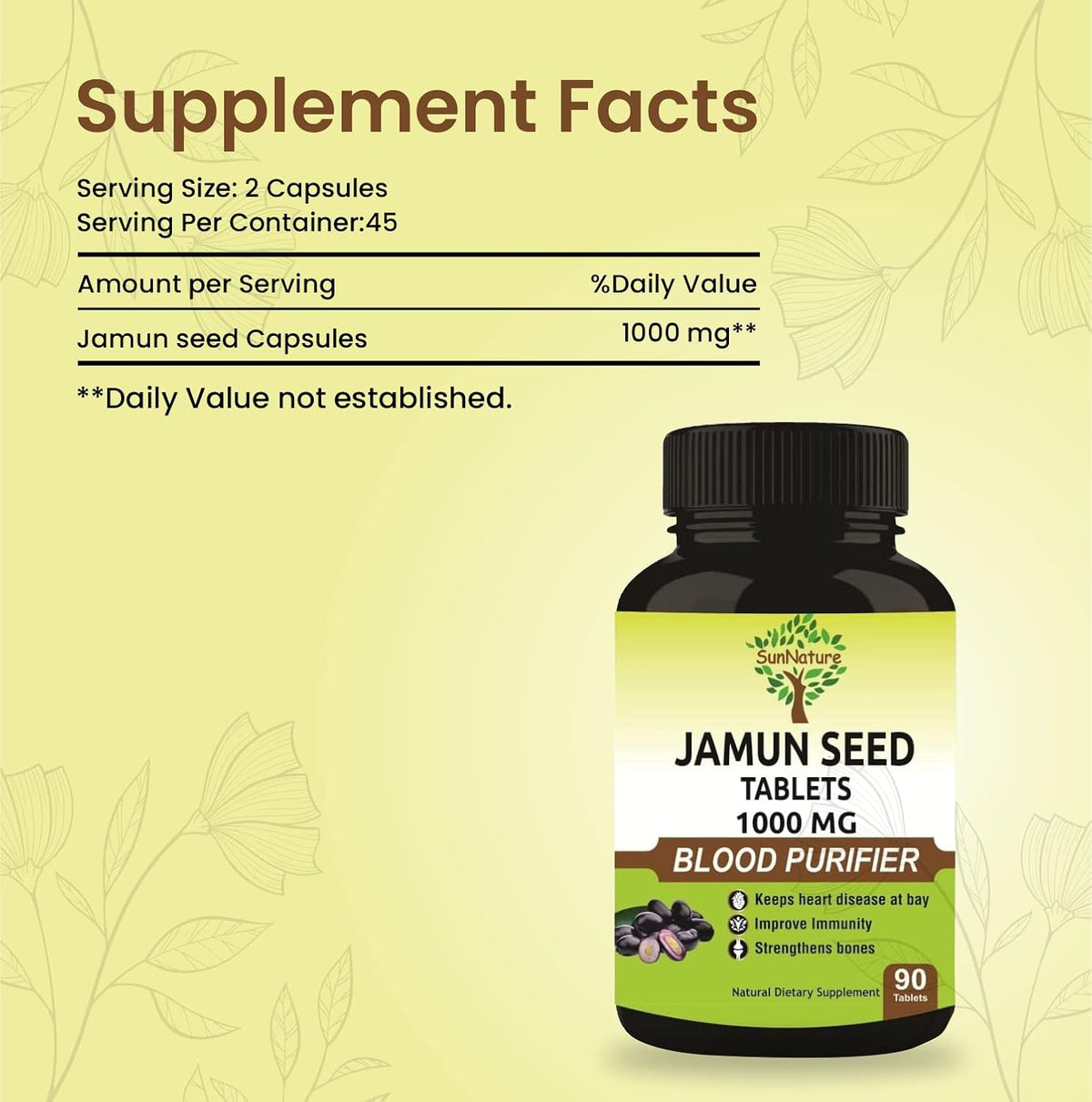 Jamun Seed Tablets by SunNature | 90 Tablets, 1000 mg | Vegan Blackberry Seed Supplement - görsel 4