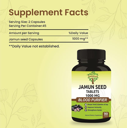 Jamun Seed Tablets by SunNature | 90 Tablets, 1000 mg | Vegan Blackberry Seed Supplement