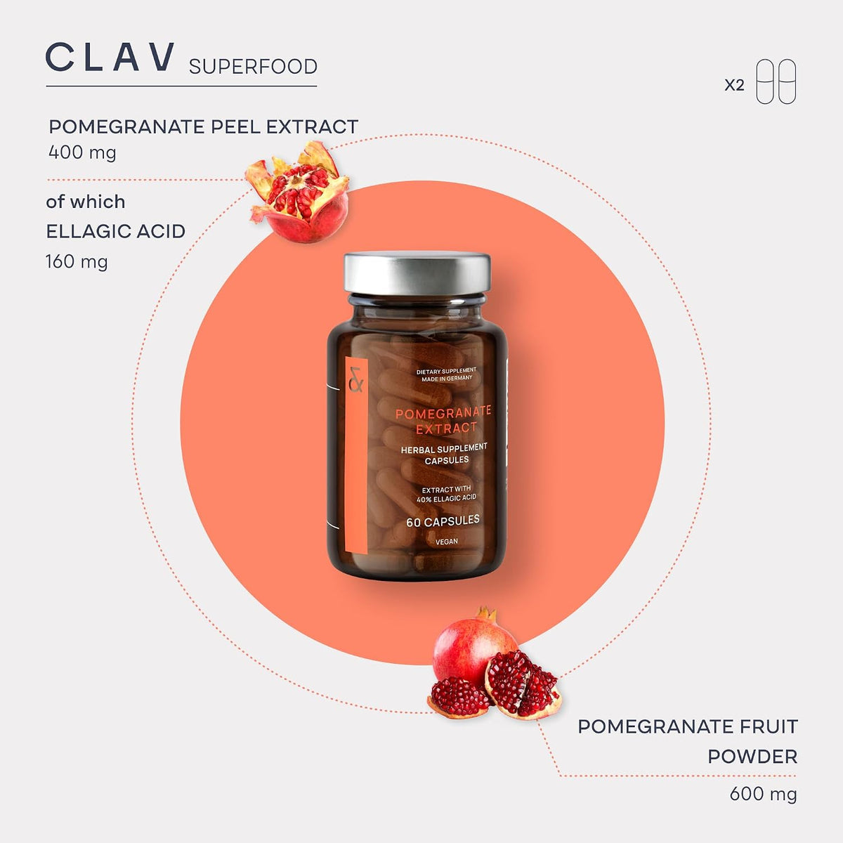 CLAV Pomegranate Extract 1000mg - 40% Ellagic Acid - Vegan Supplement for Heart & Joint Support - 60 Capsules - görsel 4