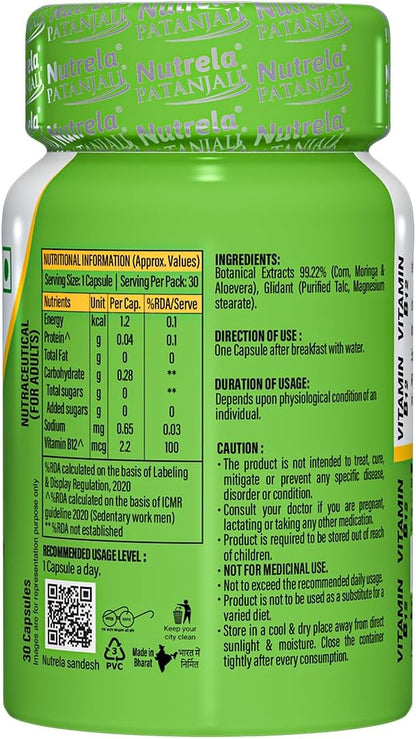 NUTRELA Patanjali Vitamin B12 Biofermented Plant Based Supplement for Men & Women with Moringa and Aloe Vera Extract - 30 Vegan Capsules (Pack of 2)