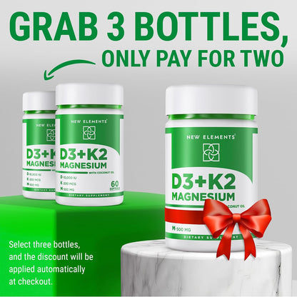 New Elements Vitamin D3 K2 10,000 IU with Magnesium Glycinate 500mg – Bone Health, Immune Support, Energy & Mood – Non-GM, Gluten-free, Sugar-Free Soft gel capsules for Women & Men (60 Soft gel capsules)