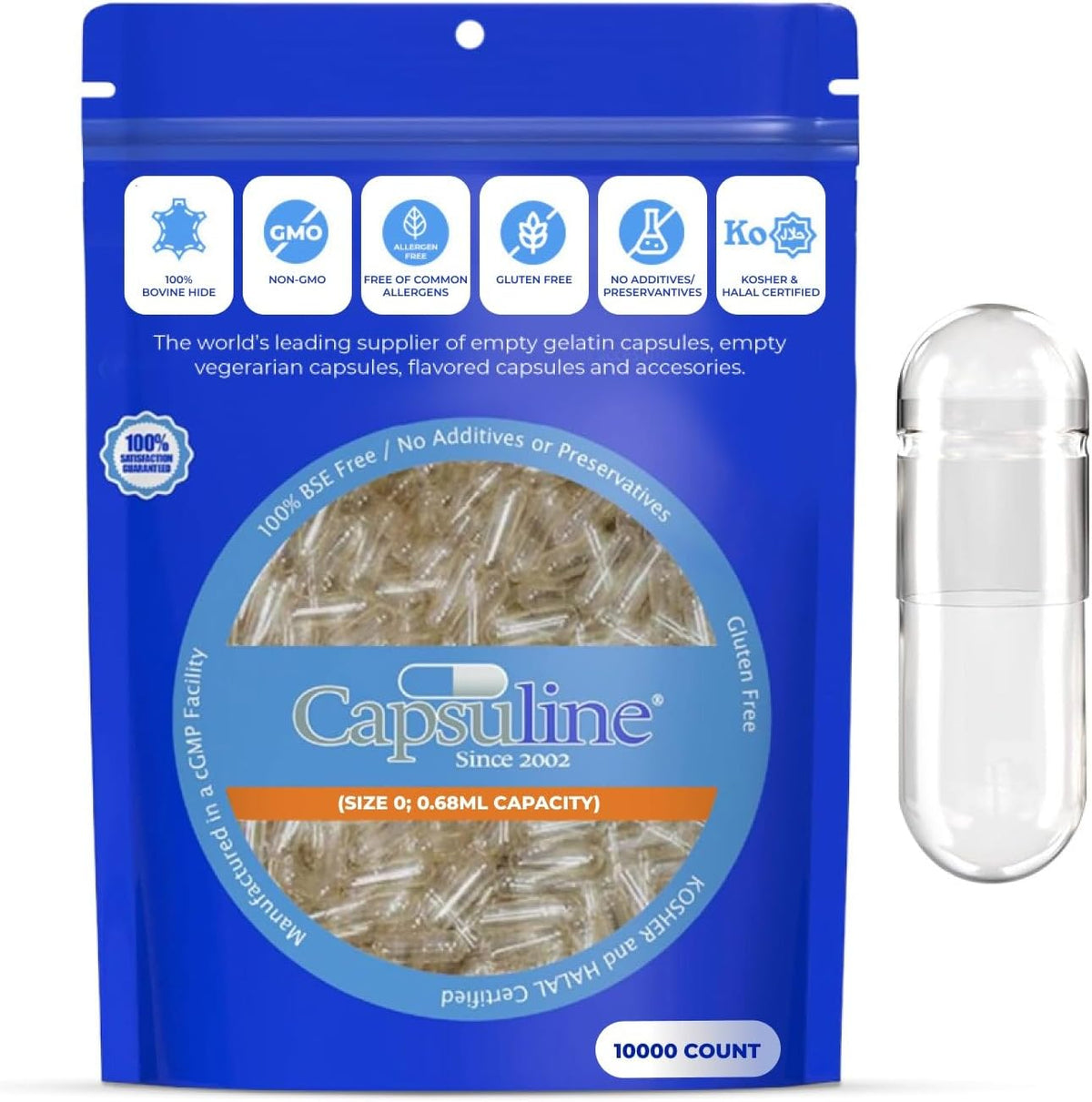 Capsuline Size 0 Empty Gelatine Capsules, Clear - 10000 Count | Gluten-free, Kosher, Non-GMO Certified | Pure Bovine Capsules for DIY Supplement Filling - görsel 1