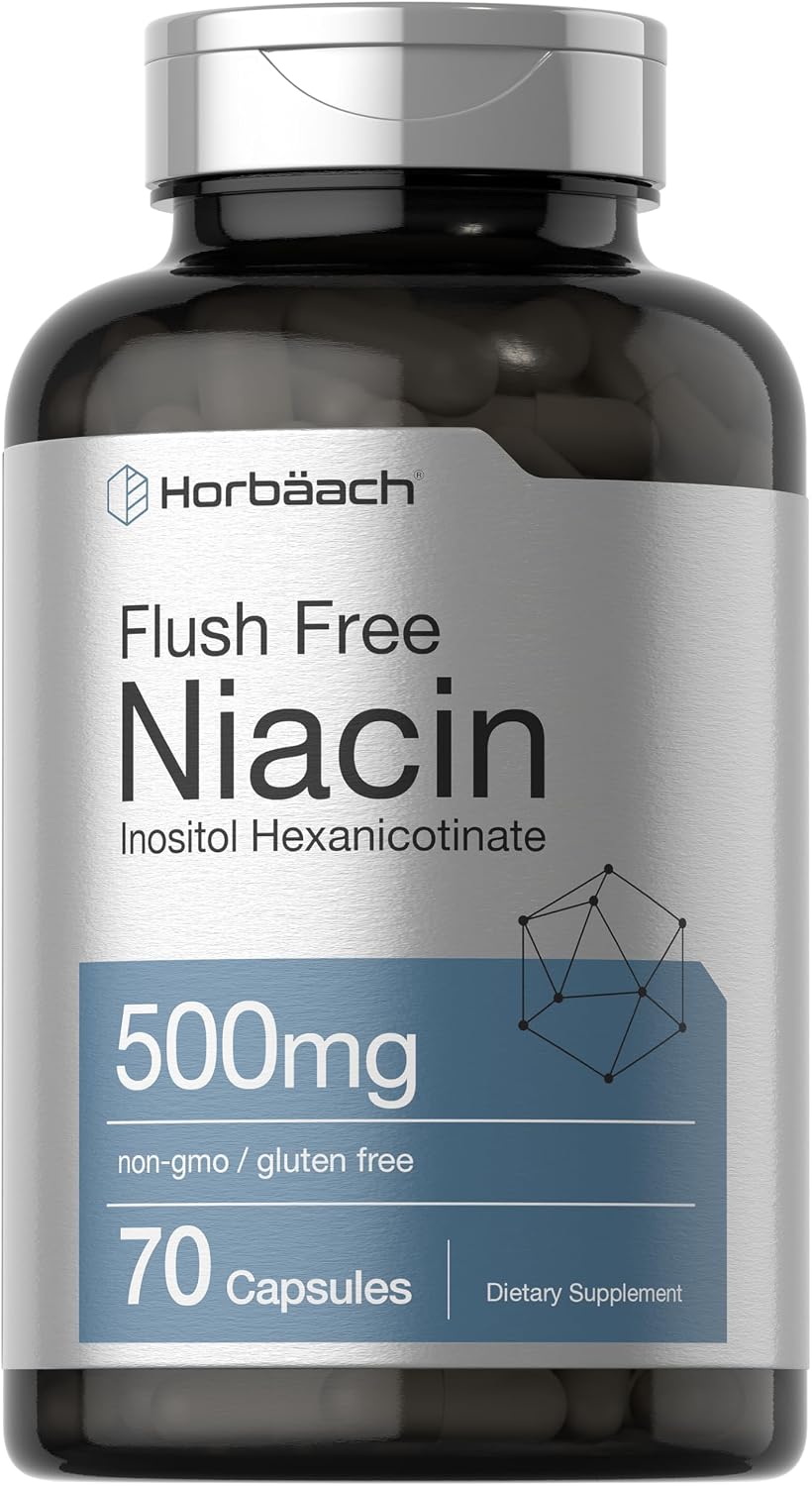 Horbaach Niacin 500mg Flush Free | 70 Capsules | Vitamin B3 Inositol Hexanicotinate | Non-GM and Gluten-free - görsel 1