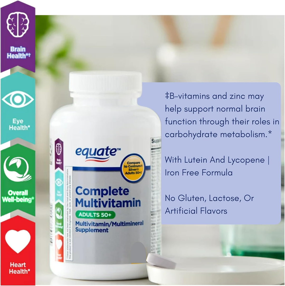 Equate Adult 50+ One Daily Complete Multivitamin and Multimineral Supplement Tablets, Healthy Brain*, 125 Tablets - görsel 3