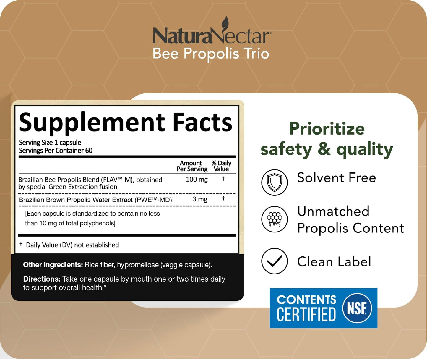 NaturaNectar Bee Propolis Trio Capsules - NSF Certified, Gluten Free, 60 Capsules - görsel 4