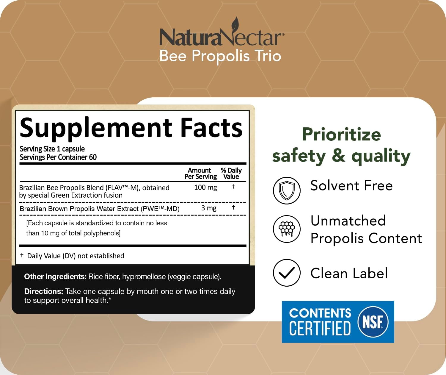 NaturaNectar Bee Propolis Trio Capsules - NSF Certified, Gluten Free, 60 Capsules - görsel 4