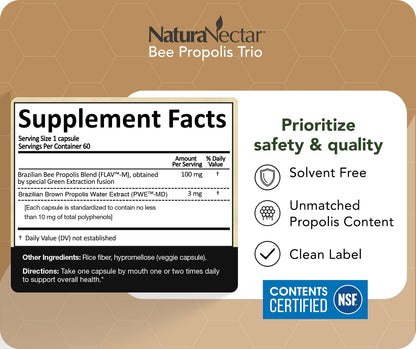 NaturaNectar Bee Propolis Trio Capsules - NSF Certified, Gluten Free, 60 Capsules