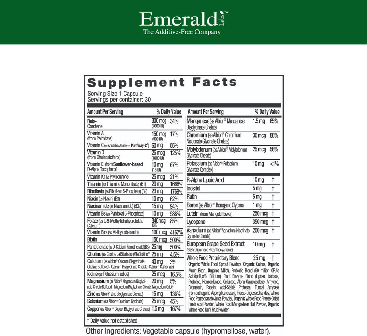 EMERALD LABS Men's 1 Daily Multi - Additive-Free Men's Multivitamin, 30 Vegetable Capsules - görsel 2