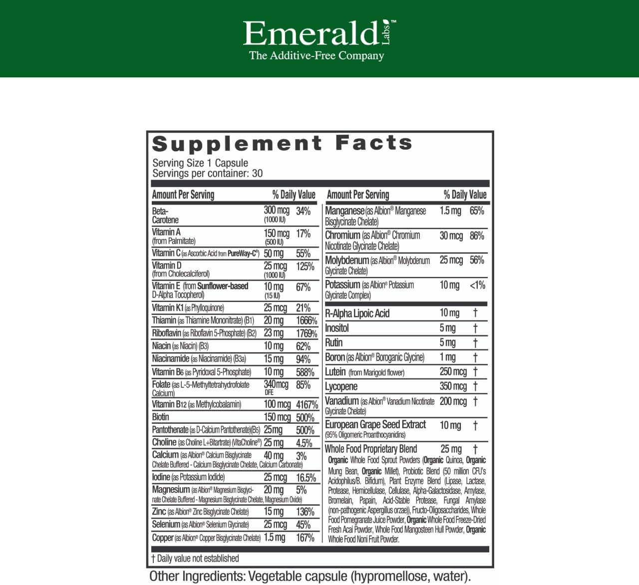 EMERALD LABS Men's 1 Daily Multi - Additive-Free Men's Multivitamin, 30 Vegetable Capsules - görsel 2