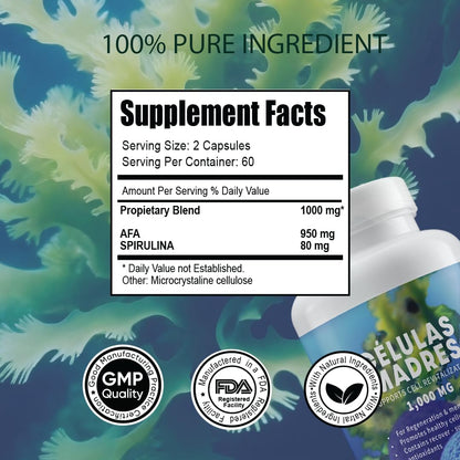 EXPLENDUS 4 Celulas Madres AFA Stem Natural Cell - Blue Green Algae Supplement, 60 Capsules, 1000 mg, Non-GM, Gluten-free