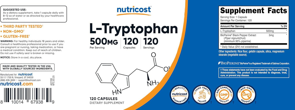 Nutricost L-Tryptophan 500mg, 120 Capsules - with BioPerine, Gluten-Free, Non-GMO - görsel 6