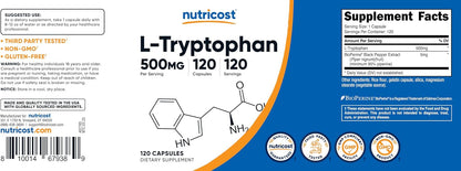 Nutricost L-Tryptophan 500mg, 120 Capsules - with BioPerine, Gluten-Free, Non-GMO