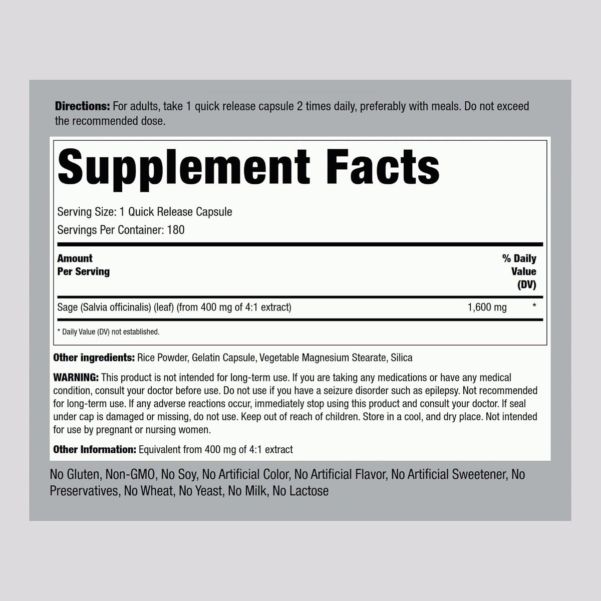Piping Rock Sage Supplement, 180 Capsules, Concentrated Herbal Extract, Non-GMO & Gluten-free - görsel 2