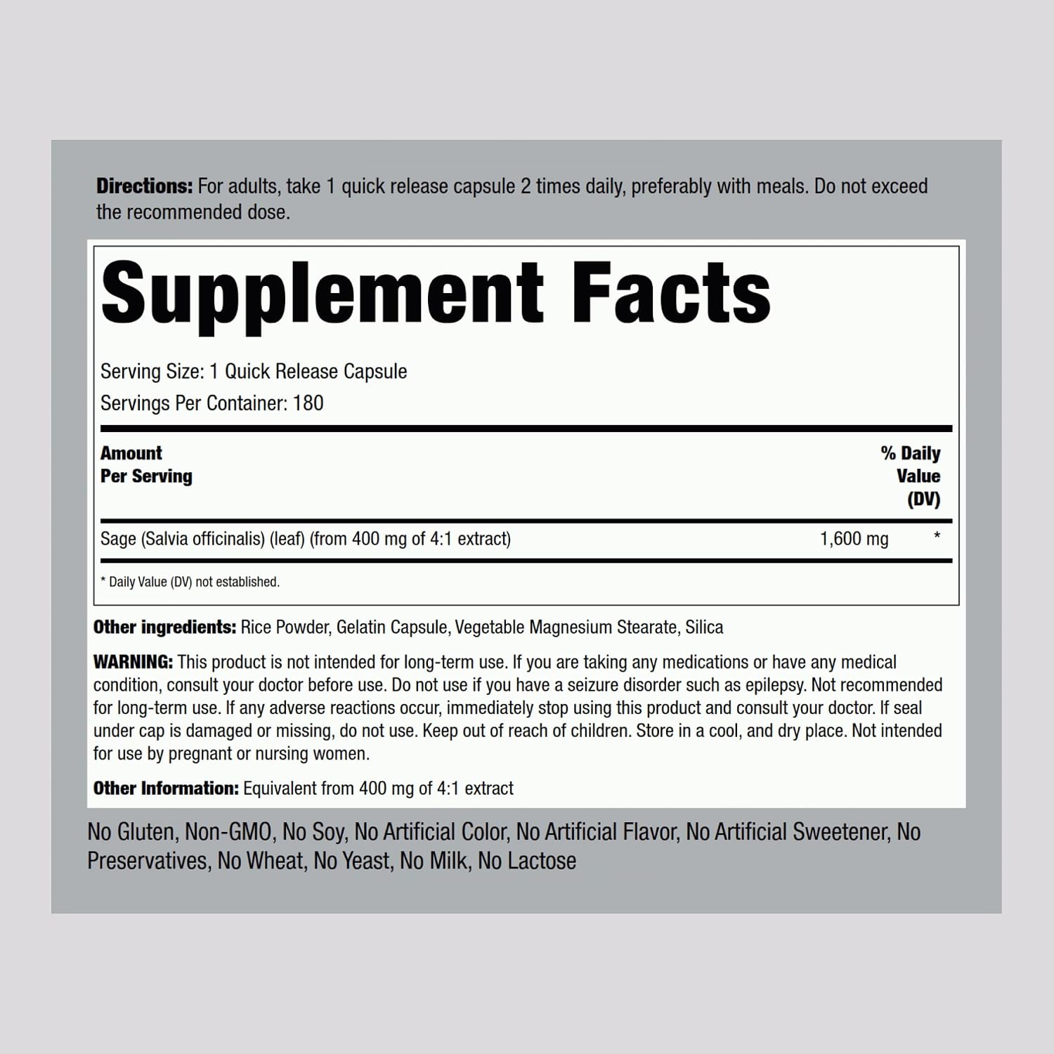 Piping Rock Sage Supplement, 180 Capsules, Concentrated Herbal Extract, Non-GMO & Gluten-free - görsel 2