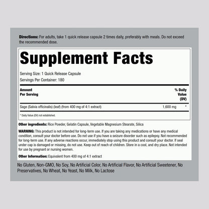 Piping Rock Sage Supplement, 180 Capsules, Concentrated Herbal Extract, Non-GMO & Gluten-free