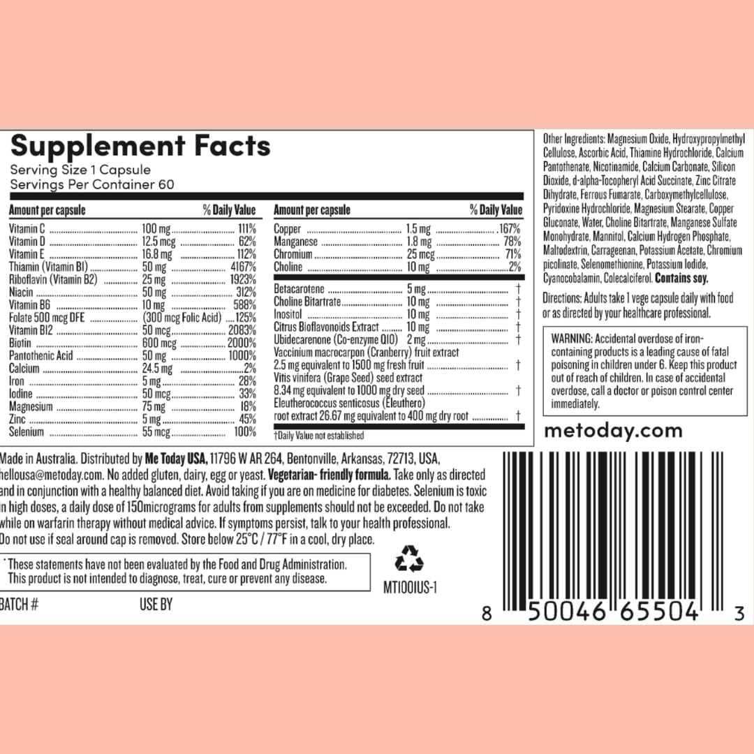 me today Daily Multivitamin for Women – Women's Multivitamin & Multimineral Supplement with 27 Vitamins & Minerals including Vitamin A, D, C, Zinc, Magnesium & More for Daily Support – 2 Months' Supply, 30 Vegetarian Servings - görsel 3