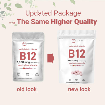 Micro Ingredients Vitamin B12 1,000 mcg Methylcobalamin – 365 Chewable Tablets, Fast Dissolve, Strawberry Flavour