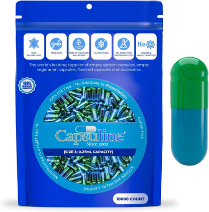 Capsuline Coloured Size 3 Empty Gelatine Capsules, Green/Blue, 1000 Count