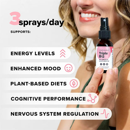 Complement Vegan Triple Vitamin B12 Liquid Spray – 1500mcg, Raspberry Flavour, 60 Servings