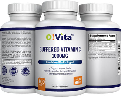 O!VITA Buffered Vitamin C 1000mg – Non-GM Tablets for Immune System Support, 100 Tablets