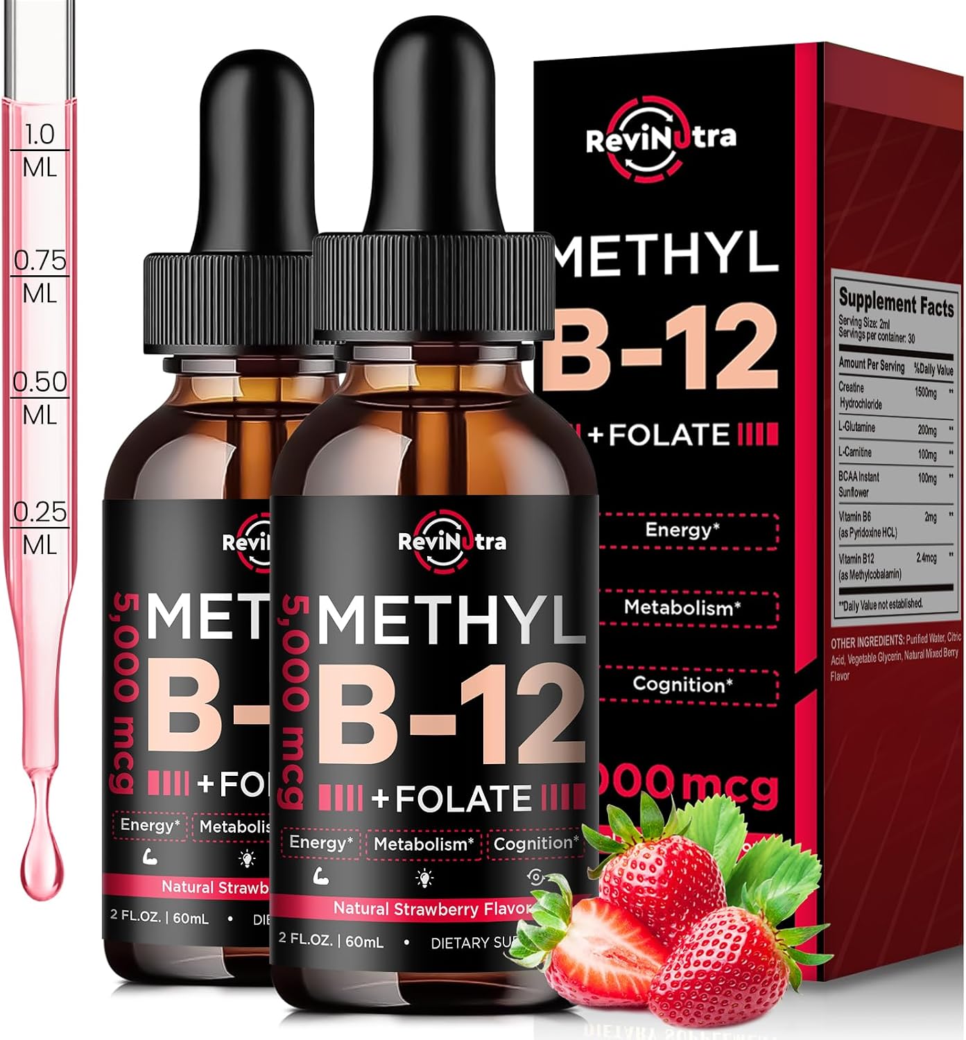 (2 Pack) Vitamin B12 Liquid Drops - 5000 mcg Methylcobalamin with B6 & Folate | Sublingual B12 Supplement for Energy, Nervous System, & Heart Health | Vegan, Non-GMO, Gluten-free | Strawberry Flavour - görsel 1