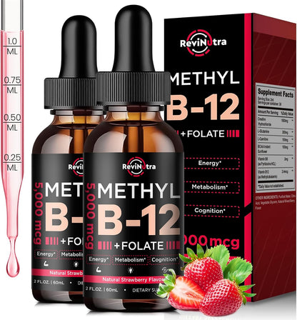 (2 Pack) Vitamin B12 Liquid Drops - 5000 mcg Methylcobalamin with B6 & Folate | Sublingual B12 Supplement for Energy, Nervous System, & Heart Health | Vegan, Non-GMO, Gluten-free | Strawberry Flavour