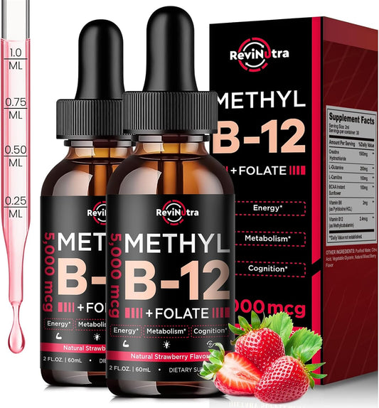 (2 Pack) Vitamin B12 Liquid Drops - 5000 mcg Methylcobalamin with B6 & Folate | Sublingual B12 Supplement for Energy, Nervous System, & Heart Health | Vegan, Non-GMO, Gluten-free | Strawberry Flavour