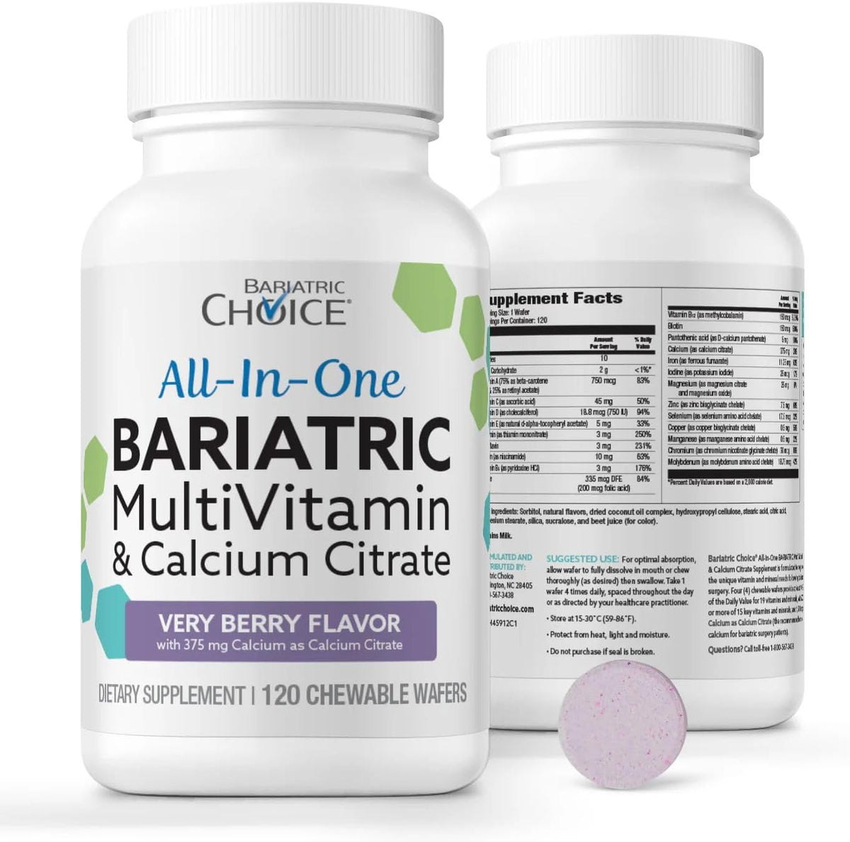 Bariatric Choice All-in-One Chewable Bariatric Multivitamin with Iron & Calcium Citrate, Very Berry (120 Tablets) - görsel 1