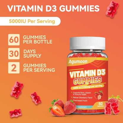 Agumoon Vitamin D3 5000 IU Gummies - Immune, Bone & Muscle Support - Non-GMO, Gluten-free, Dairy-Free - Strawberry Flavour - 60 Gummies