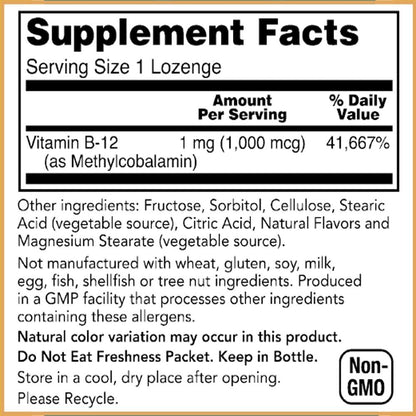 Baar Brain B12 Lozenges, 1000 mcg, 100 Lozenges