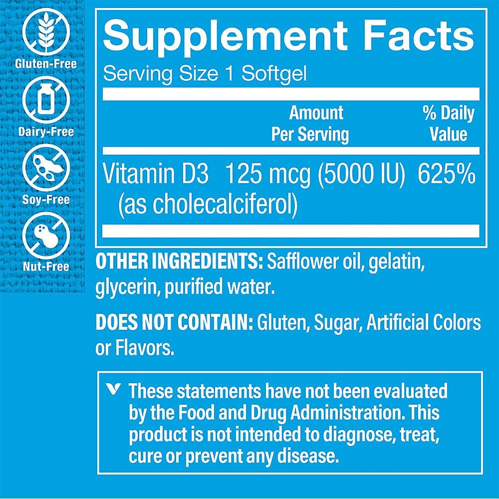 The Vitamin Shoppe Vitamin D3 5000 IU - Bone, Immune and Cellular Health Softgels, 100 Count - görsel 2