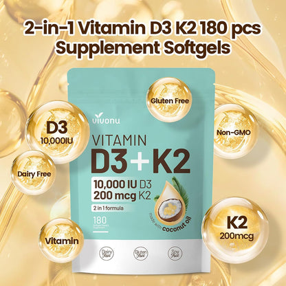 VivoNu Vitamin D3 and K2 10000 IU with MK7-300 Virgin Coconut Oil Soft gel capsules, 2 in 1 Vitamins D & K Complex (180 Capsules)