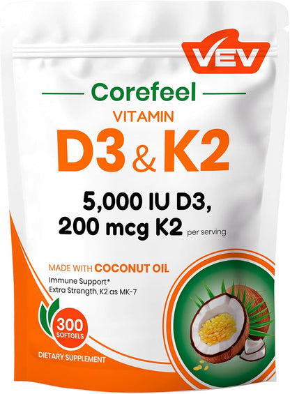 VEV Corefeel Vitamin D3 K2, 5000 IU D3 & 100mcg K2 (MK-7), 300 Soft gel capsules
